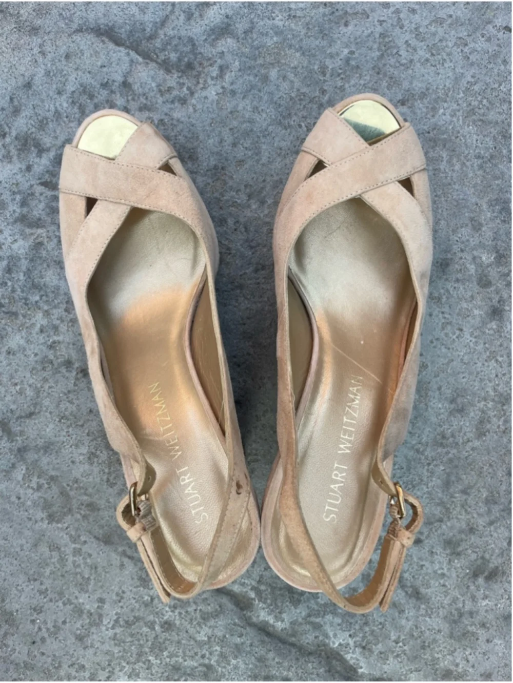 Stuart Weitzman Nude Suede Raffia Wedge Sandals Peep-Toe Slingback Beige - Picture 6 of 8